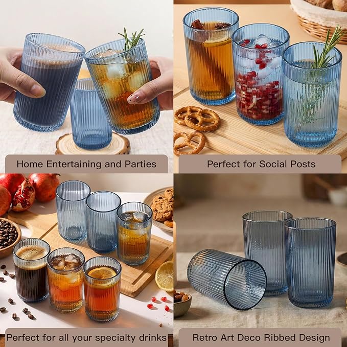 Blue Ribbed Highball Glasses Set of 6, 13.2oz Midnight Blue Colored Glassware, Drinking Glasses for Water, Juice, Iced Coffee, Cocktails, Blue Glass Cups, Housewarming Christmas Gift