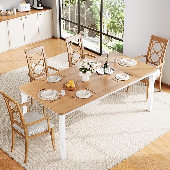 IDEALHOUSE 79" Dining Table for 6-8 People, Modern Rectangular Kitchen Table with Sturdy Metal Legs, Large Wood Farmhouse Dining Room Table for Home Office, Conference, White & Natural