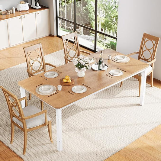 IDEALHOUSE 79" Dining Table for 6-8 People, Modern Rectangular Kitchen Table with Sturdy Metal Legs, Large Wood Farmhouse Dining Room Table for Home Office, Conference, White & Natural
