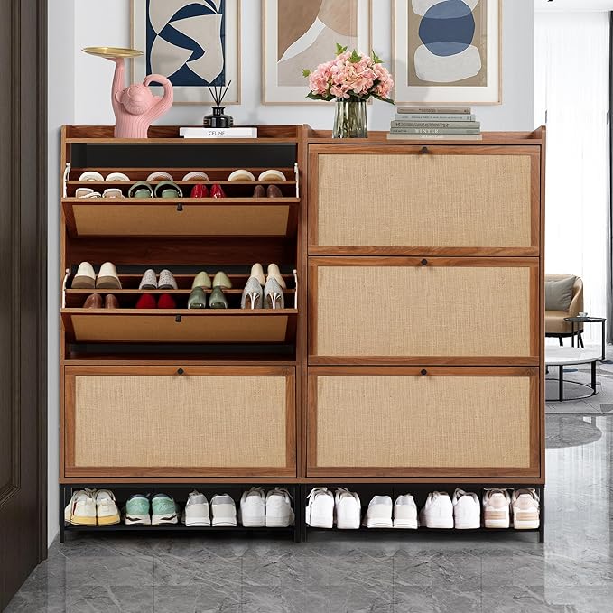 LEVNARY Shoe Cabinet for Entryway, Slim Shoe Cabinet with 3 Flip Drawers Narrow Shoe Storage Cabinet, 4 Tier Freestanding Shoe Organizer for Entryway, Hallway (2, Walnut)