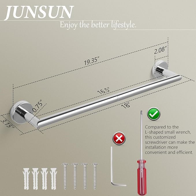 Chrome Towel Bar 18 Inch Bathroom Towel Racks Wall Mounted Bath Towel Holder Modern Home Decor Towel Rod Towel Hanger Stainless Steel Bathroom Accessories Towel Rail Single Towel Bars Polished Chrome