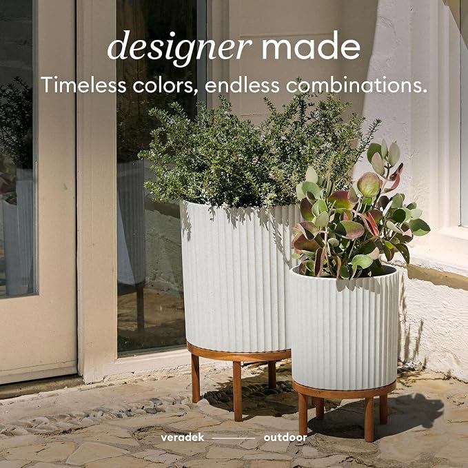 Veradek Demi Series Round Planter w/Stand for Porch/Patio | Durable Plastic-Stone Composite & Wooden Stand | Modern Décor for Tall Plants, Flowers