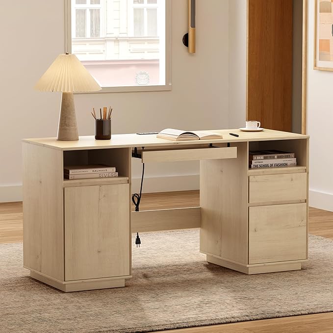 59" Farmhouse Office Desk, Wide Home Executive Desk with File Drawer & Open Storage & Power Outlet, Wooden Computer Desk for Study Writing, Light Oak