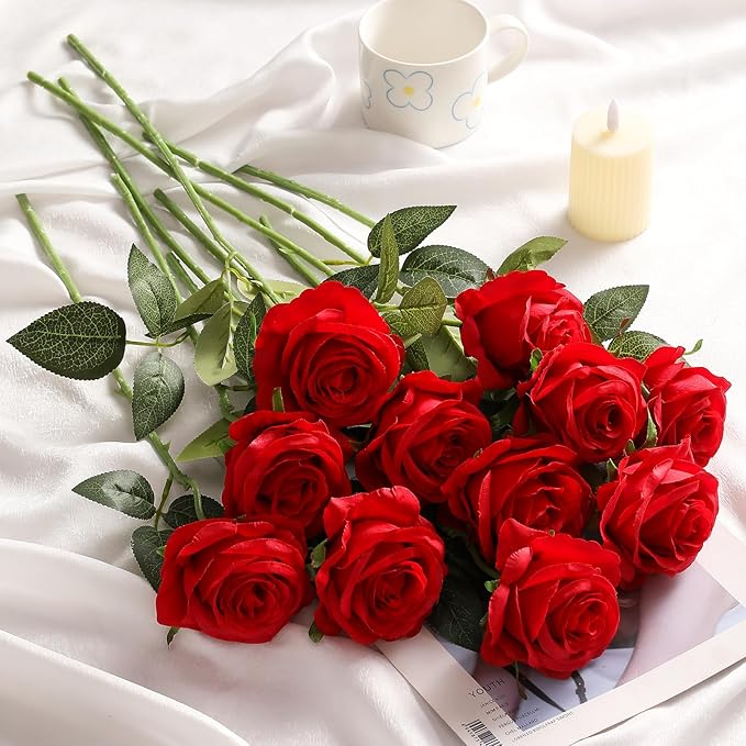 Kisflower 60 Pcs Red Roses Artificial Flowers Bulk, Silk Roses with Stems Real Look Artificial Red Roses for Decoration DIY Wedding Bouquet Bridal Shower Party Home Table Centerpieces Decor (Red)