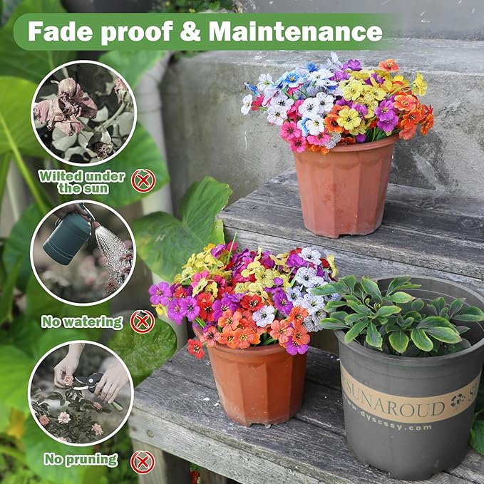 Nepfaivy Fake Outdoor Flowers Uv-Resistant - 24 Bundles 6 Colors Realistic Artificial Flowers, Plastic Faux Flowers for Outdoor Planters, Silk Fake Flowers for Outside to Decor Patio Porch Garden Yard