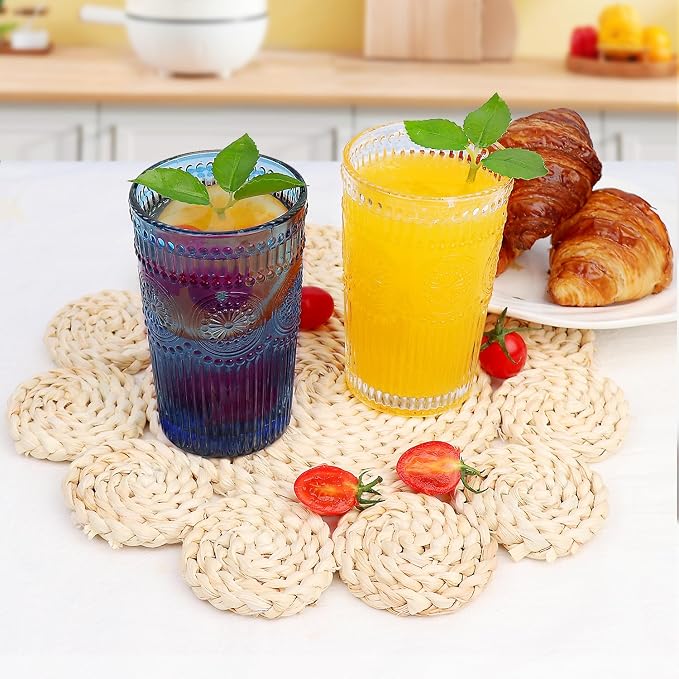 Loivttvv 6pcs Vintage Drinking Glasses Set, 12 oz Blue Highball Glasses, Embossed Ribbed Glassware Cups for Cocktail, Water, Juice, Coffee, Whiskey