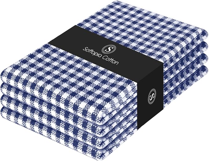 4 Pack Gingham Check Kitchen Dish Towels 16x26 Inches, Absorbent & Durable, Washable, Hand Tea Towels with Hanging Loop - Ideal for Restaurants & Home Kitchens, Blue White