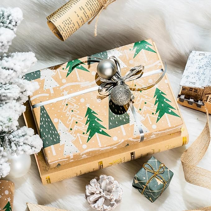 LeZakaa Christmas Kraft Wrapping Paper Roll, Brown Gift Wrap with Green & White Holiday Designs, Trees, Ornaments & Snowflakes Pattern for Christmas Presents, Arts Crafts, 17 x 120 inches, 3 Rolls