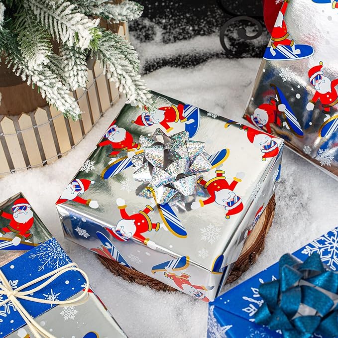 MAYPLUSS Reversible Christmas Wrapping Paper Roll - 17Inch X 33Feet - Funny Metallic Foil Athletic Santa Claus Skating Snow Pattern Winter Gift Wrap Paper for Christmas, Holiday, Party, Celebration