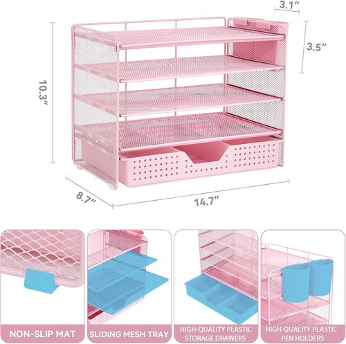 LEKETREE Desk Organizer - 5-Tier Paper Letter Tray with Drawer & 2 Pen Holders | Pink Office Supplies