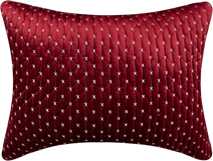 Levtex Home - Cross Stitch Velvet Red Quilt Set - Twin Quilt + One Standard Pillow Sham - Cross Stitched Pattern - Quilt Size (68x86in.) and Pillow Sham Size (26x20in.) - Reversible