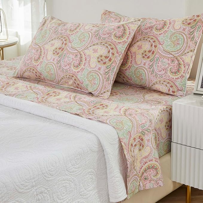 Brandream Bed Sheet King Size Boho Paisley Bedding Pink Watercolor Farmhouse Sheets Set Luxury Bedding Collections 800 Thread Count 100% Egyptian Cotton Deep Pocket, 4 Piece