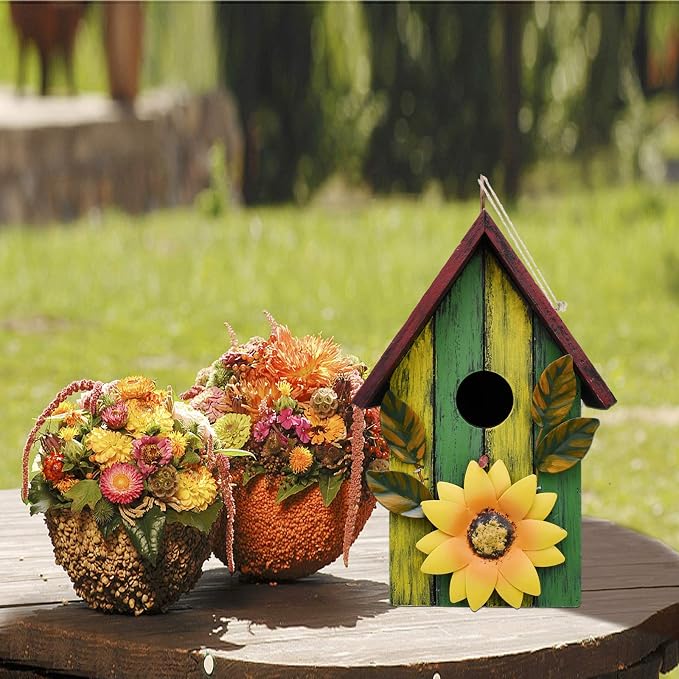 Attraction Design Rustic Decorative Bird House for Outside, Outdoor Hanging Wood Hand-Painted Bird House with Sunflower Decor, Wooden Hanging Garden Birdhouse Porch Yard Decor 9.37"X6.38"X4.25" (Red)