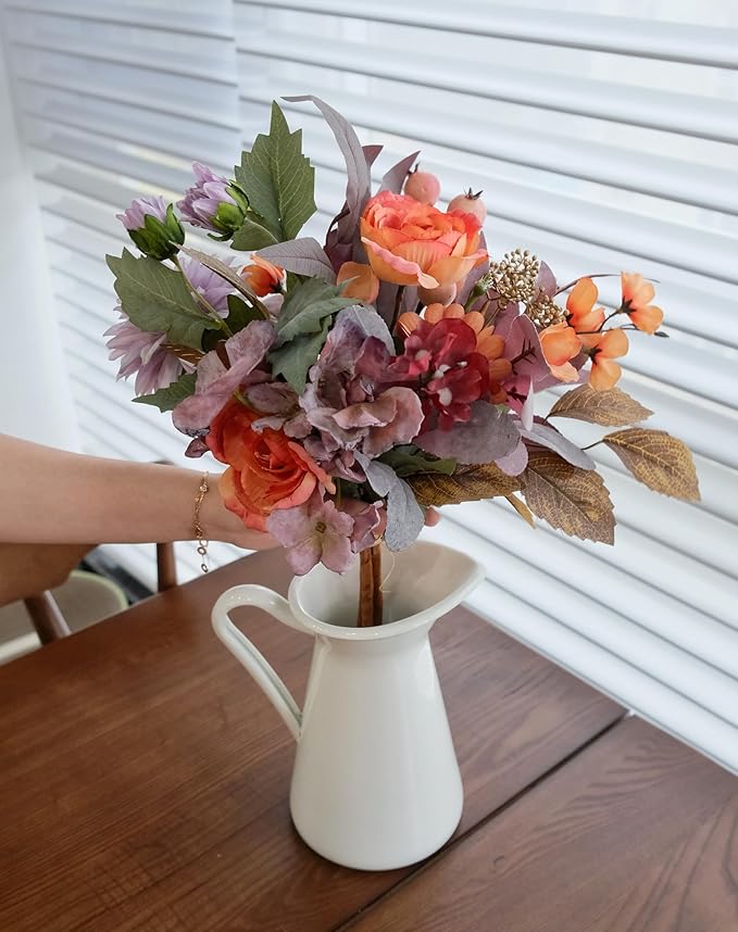 Set of 2 Fall Themed Artificial Flowers Bouquets for Fall Decor, Life-Like Autumn Colored Faux Peonies Dahlias Daises Berries Bouquets for Vase, Fall Floral Arrangement for Home Table Centerpiece