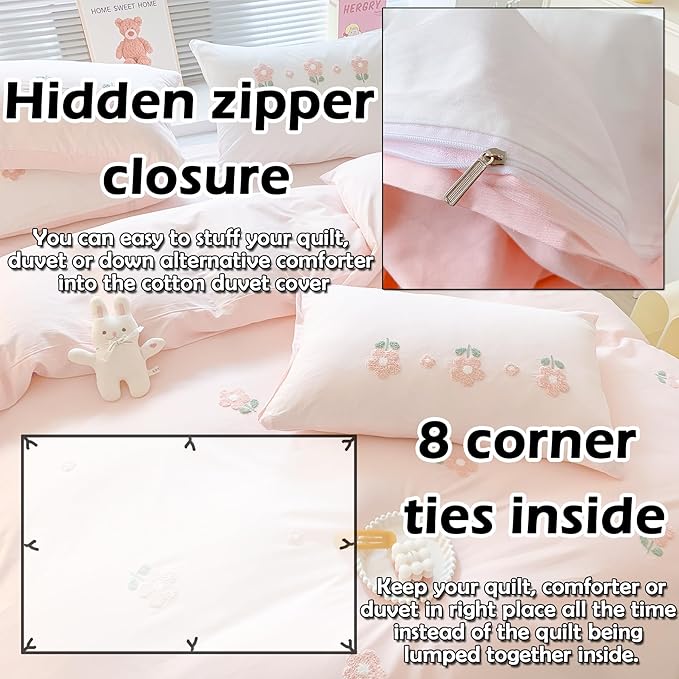 MorroMorn Cotton Duvet Cover Queen Size, 3D Embroidery Queen Bedding Sets Pink Bed Set, Cute Chenille Embroidered Comforter Covers Soft Breathable for Girls Boys Kids Teen (Flowers Pink, Full/Queen)