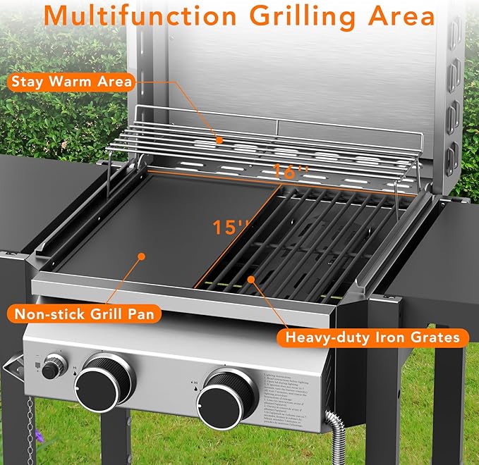 Electactic Propane Gas BBQ Grill 2-Burner Barbecue Grills with Cast Iron Frying Pan and Grates Combo, 16000 BTU Output Stainless Steel Grill for Outdoor Cooking, Patio, Backyard Party