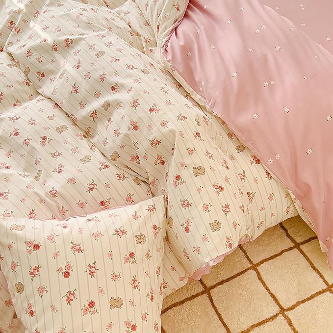 AOJIM Soft Cotton Duvet Cover Queen Size, 1 Comforter Cover 90x90 Inches with Zipper Closure and 2 Pillowcases, Kids Adults Queen Duvet Cover Set for Room Decor (No Comforter), Floral and Rabbit, Pink