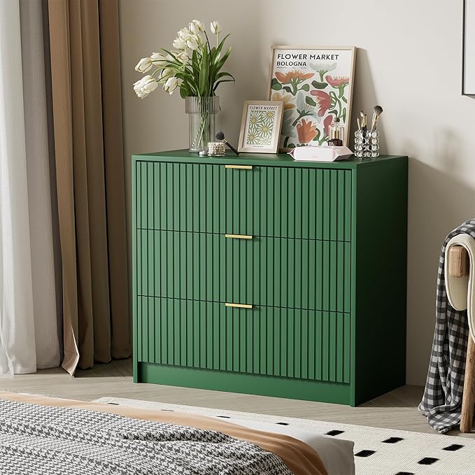 Green Dresser for Bedroom, Modern Dresser with 3 Drawers and Smooth Slides, Wide Chest of Drawers with Golden Handles for Bedroom, Living Room, Closet, 15.7" D x 31.5" W x 29.6" H