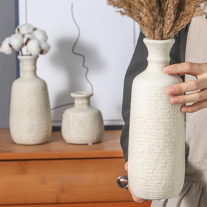 Ceramic Vase Set of 3, Neutral Rustic Vases Home Decor Farmhouse Decorative Vase Whitewashed Pottery Decor Boho Modern for Table Mantel Entryway Bookshelf Living Room Kitchen Bathroom Bedroom - White