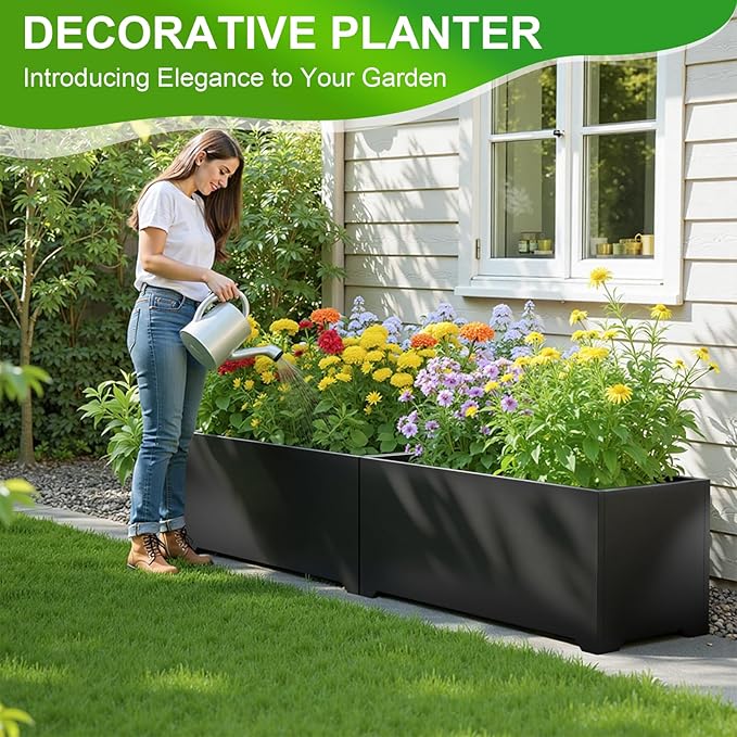 Metal Planter Box 32" L x 15" W x 15" H, Rectangular Trough Planter Box with 6 Drainage Holes & Raised Bottom, Black Large Outdoor Planters for Patio, Yard, Garden,Commercial Residential
