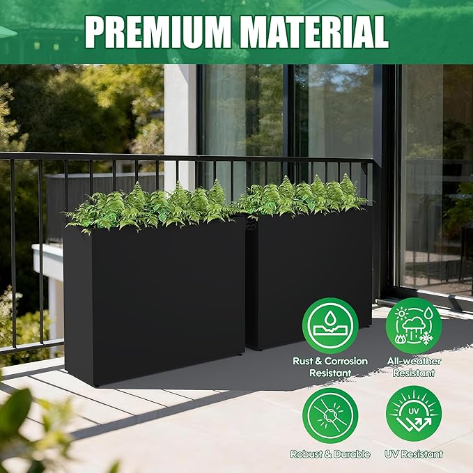Large Metal Planter Box for Outdoor 30" Lx10“Wx24”H, Tall Rectangular Planters for Outdoor Patio/Porch/Cafe, All-Weather Durable Galvanized Steel, Modern Design for Plants, Flower,Garden, Black