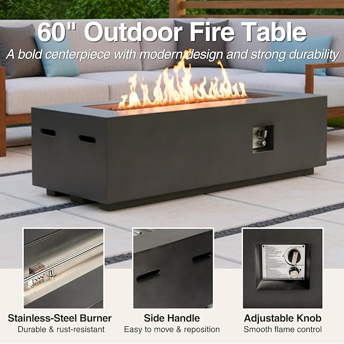 HillAethel 60-Inch Rectangular Propane Fire Pit Table, 60,000 BTU Concrete Outdoor Gas Fire Pit Table with Waterproof Cover, Tank Seat, Free Lava Rocks, for Outside Patio Backyard, Dark Grey