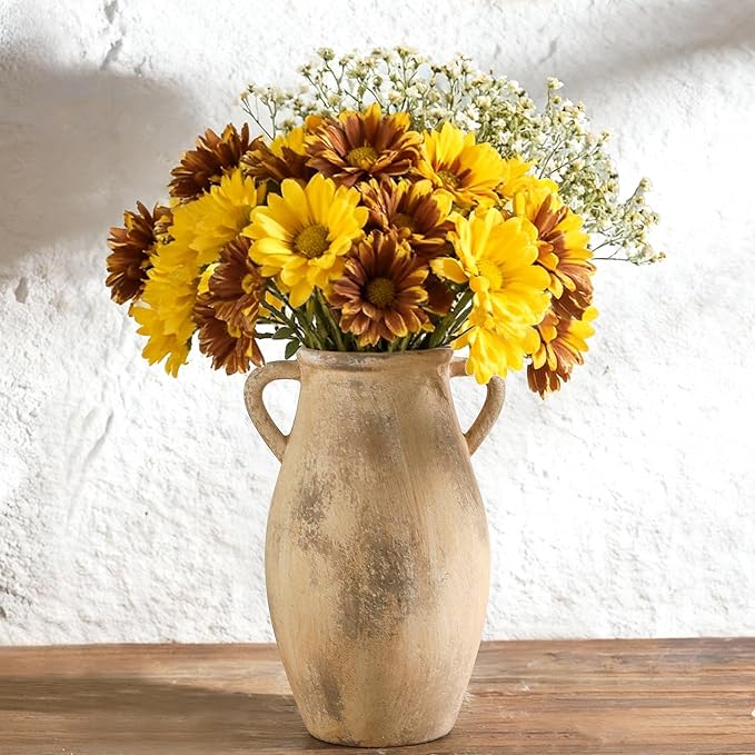 Large Ceramic Vase,11.3 inch Tall Farmhouse Flower Vase with 2 Handles, Terracotta Decorative Flower Vase for Home Decor, Living Room Entryway Table Centerpiece Decor