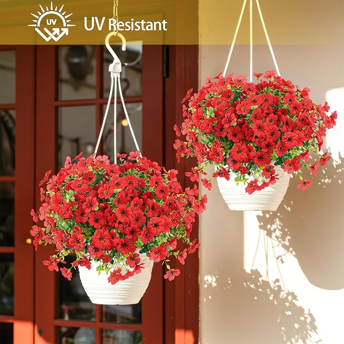 Artificial Flowers Outdoor Faux Plants UV Resistant Fake Patio Flowers Plastic Greenery Plnats Outside Bulk for Spring Garden Hanging Planter Home Vase Decor, 12 Bundles (Red)