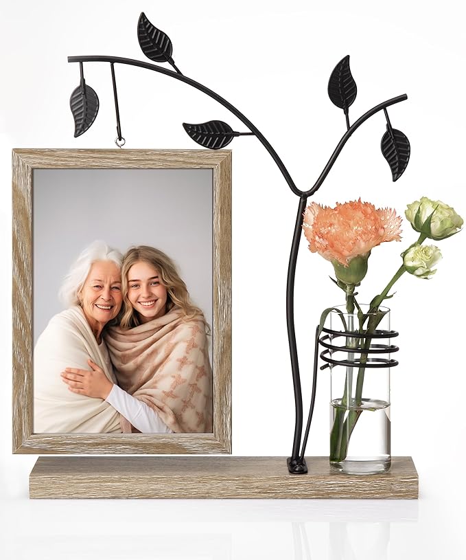 Afuly 5x7 Picture Frame with Glass Vase for Plants Flowers, Desk Picture Frames Floating Photo Frame for Office Home Decor, Unique Anniversary Mothers's Day Gifts for Grandma Mom, Light Brown