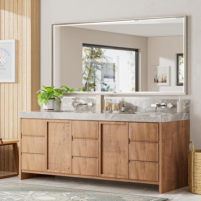 72 x 36 Brushed Nickel Bathroom Mirror, Beveled Framed Rectangle, Shatterproof Anti-Rust Vertical/Horizontal Wall-Mounted