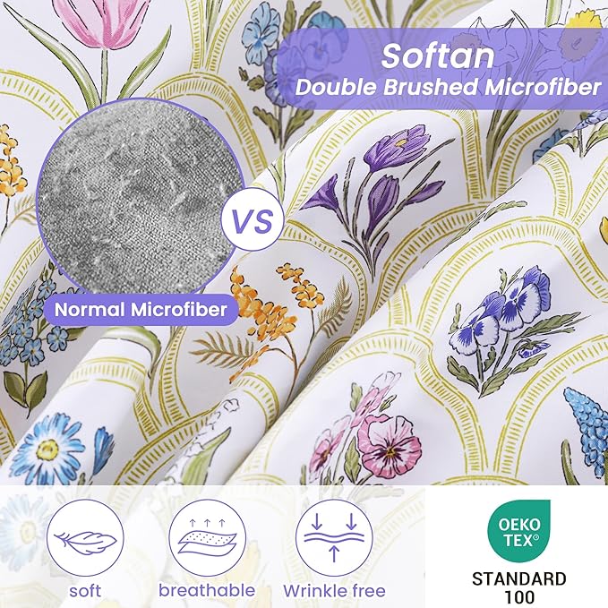 Softan Floral Full Sheet Set, 4-Piece Microfiber Printed Fitted Sheet with 15" Deep Pockets & Non-Slip Straps, Multi Flower Patterned Double Bedding Sheets & Pillowcase Set