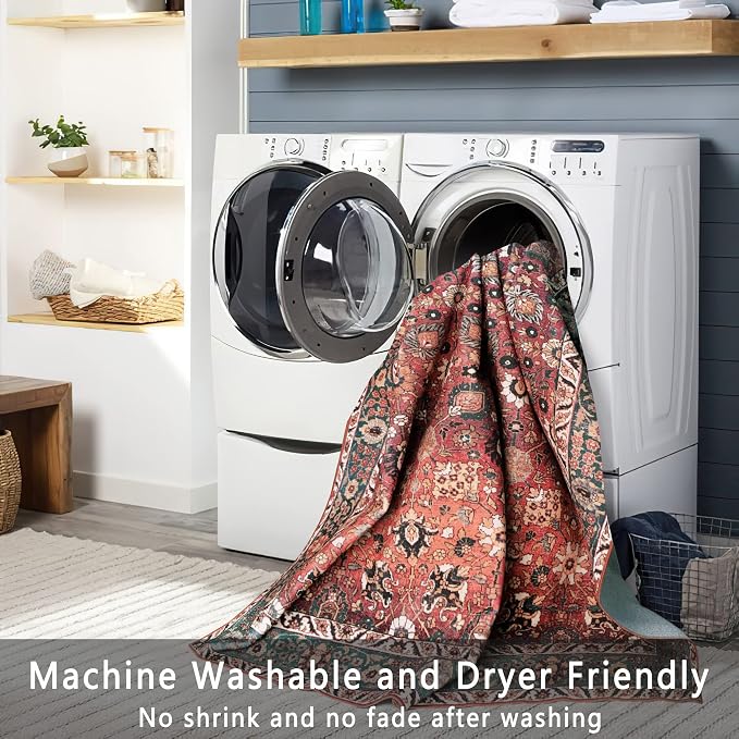 vivorug Washable Rug, Ultra Soft Area Rug 3x5, Non Slip Small Rug Carpet, Stain Resistant Rugs for Living Room Bedroom Entryway, Vintage Floral (Cherry Red/Spice, 3'x5')