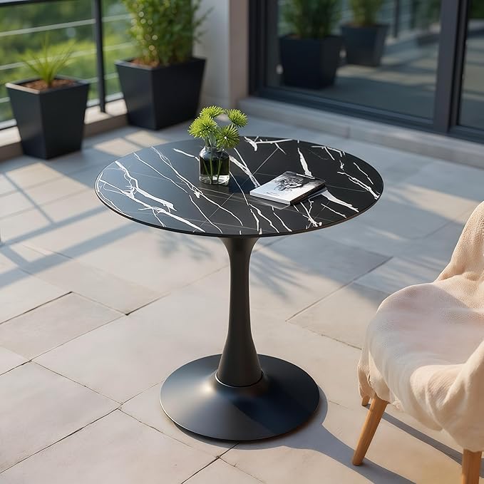 24" Tulip Table for 1-2 Persons Modern Round Dining Table, Mid-Century Modern Black Marble Small Kitchen Table with MDF Wooden Top, Leisure Coffee Table for Living Room, Dining Room, Office