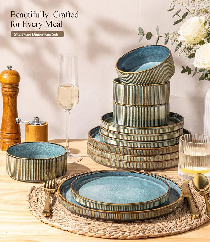 GBHOME 12-Piece Stoneware Dinnerware Set for 4 – Ribbed Ceramic Plates and Bowls, Scratch-Resistant, Microwave & Dishwasher Safe, Reactive Glaze-Space Blue