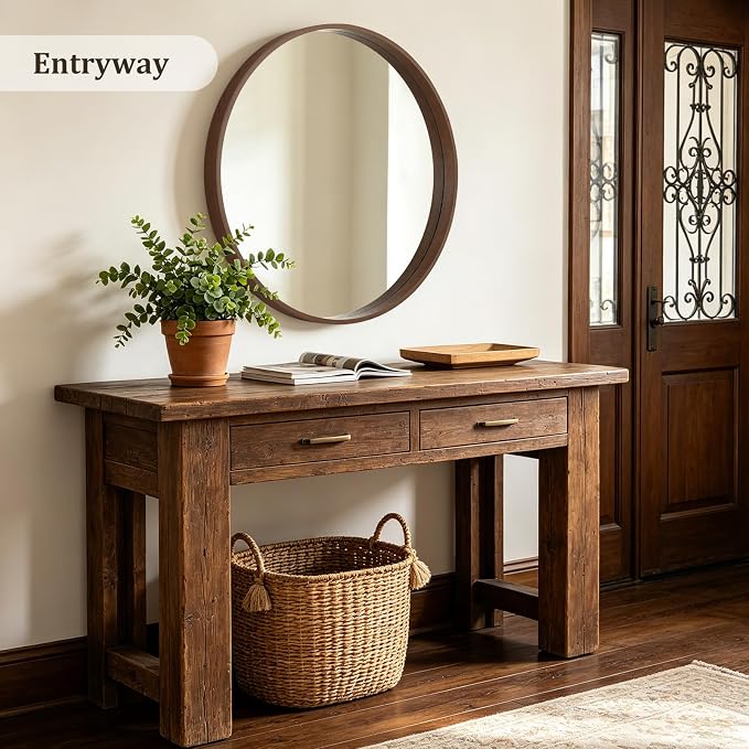 WallBeyond 36 Inch Round Wood Mirror, Large Circle Wooden Frame Wall Mirror for Bathroom, Living Room, Bedroom, Entryway (Walnut)