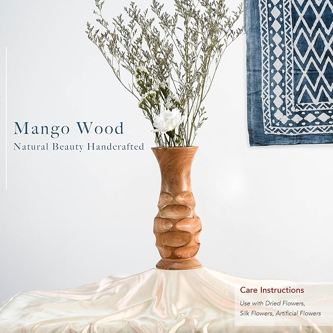 Aeravida Beautifully Carved Natural Mango Tree Wood Rustic Vase | Modern Flower Vase | Mango Tree Wood Kitchen Decor | Handmade Vase | Carved Shaped Vase