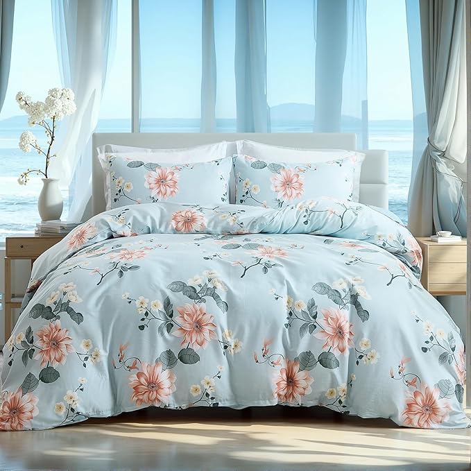 Blue Floral Duvet Cover Queen Size 100% Soft Cotton 3 Pieces French Country Chic Garden Style Luxury Blossom Floral Vibrant Pattern Reversible Flower Duvet Cover with Zipper Closure