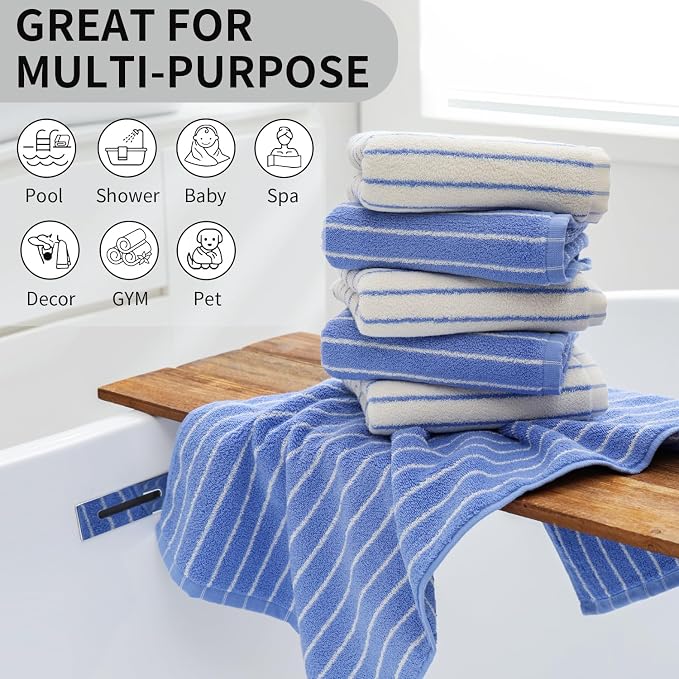Blue Striped Hand Towels, Bathroom Hand Towel Set of 6, 13" By 29" - 100% Cotton | Quick Dry | Absorbent | Light Weight, Soft Face Towel for Showering & Guest, Luxury Towel Gift