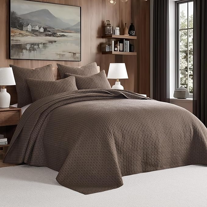 Levtex Home Cross Stitch Reversible Queen Bedspread Set (104x106in) with 2 Pillow Shams (26x20in) - Stitch Texture - Cocoa - Cotton Queen Size Bedspread Set - Lightweight, Soft, Pre-Washed