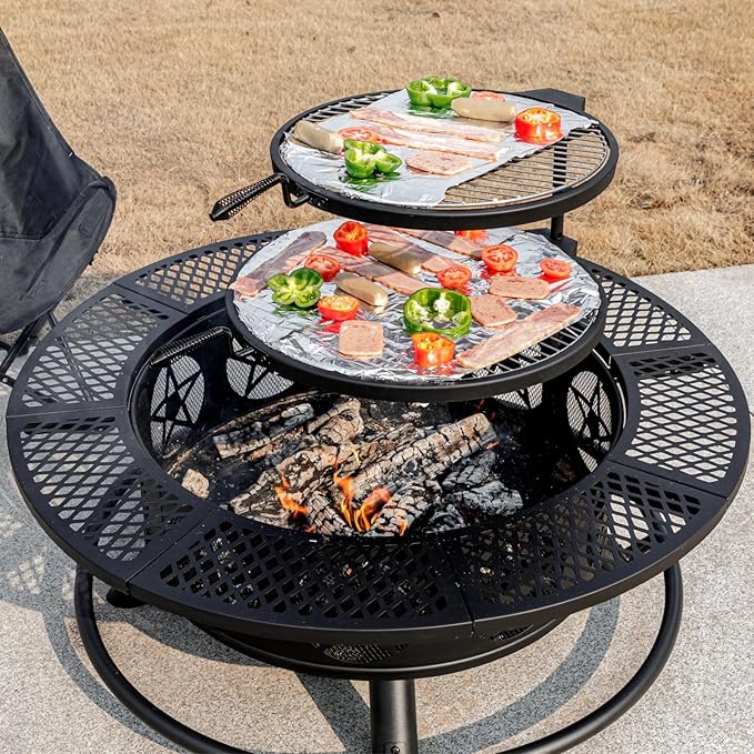 Outvue 42 Inch Fire Pit with 2 Grills, Extra Large Wood Burning Fire Pits for Outside with Lid & Poker, Heavy Duty Firepit,BBQ& Outdoor Fire Pit & Round Metal Table 3 in 1 for Patio, Picnic, Party