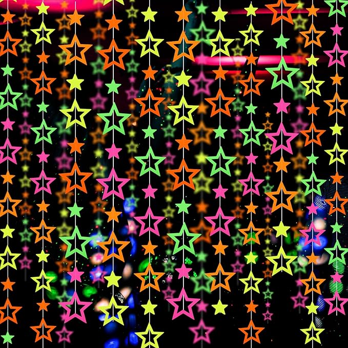102feet Neon Paper Garland Streamers Hollowed Star Black Light Decorations Glow Party UV Reactive Favors in The Dark Supplies for Wedding Birthday Garlands