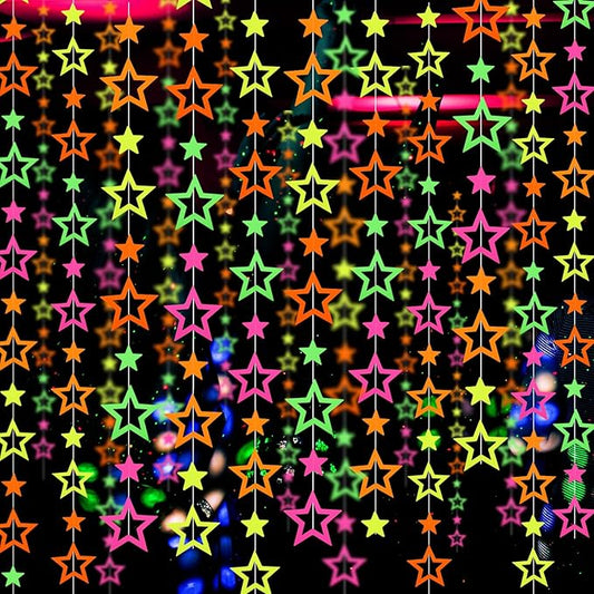102feet Neon Paper Garland Streamers Hollowed Star Black Light Decorations Glow Party UV Reactive Favors in The Dark Supplies for Wedding Birthday Garlands