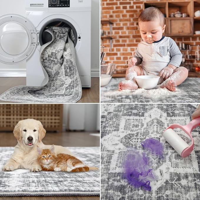 GAOMON 9x12 Vintage Large Area Rug Boho Distressed Rugs Machine Washable Foldable Accent Indoor Carpet Floor Cover Low Pile Print Carpet for Bedroom Living Room Classroom, 9’x12’, Grey