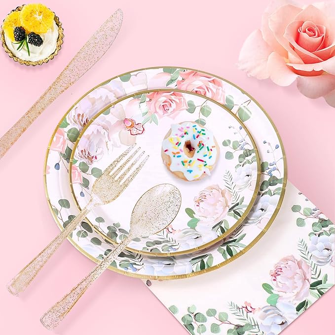 350 PCS Floral Plates and Napkins Party Supplies Serve 50 Flower Disposable Paper Dinnerware Sets for Adults Bridal Shower Decorations Baby Shower Birthday Wedding Engagement Tea