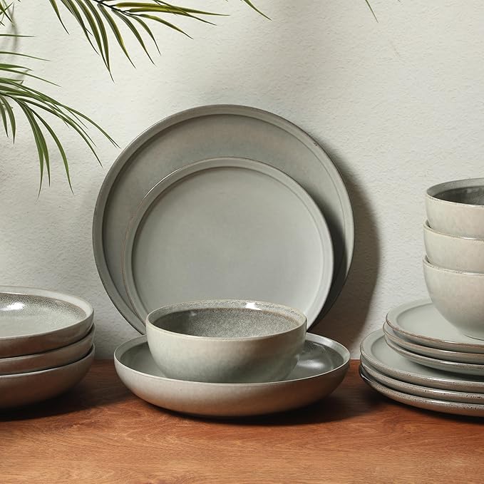 Gibson Elite Beckett Stoneware Matte Reactive Glaze 16 Piece (Service for 4) Plates and Bowls Dinnerware Set - Ash White