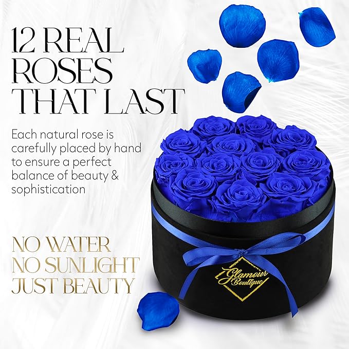 GLAMOUR BOUTIQUE Flowers Forever Gift Box 12 Real Preserved Roses in a Velvet Black Box, Birthday Gift for Wife Mom and Her, Mothers Day, Anniversary, Graduation - Blue