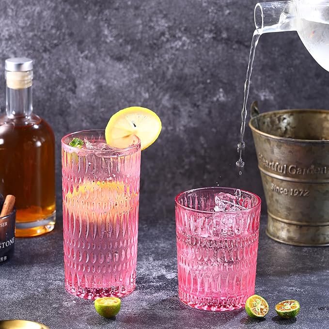 Loivttvv Glassware Drinking Glasses Set of 8, 14 oz Highball Glasses & 10 oz Ribbed Glass Cups, Vintage Glassware for Water, Juice, Cocktail, Whiskey (Pink)
