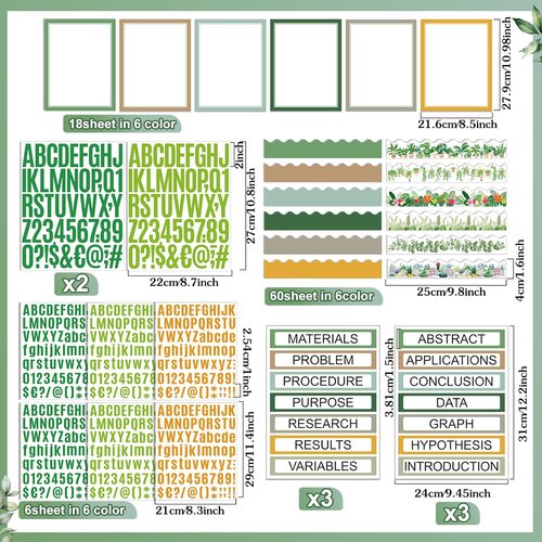 Sinload 92 Pcs Science Fair Board Supplies - 60 Trimmed Scalloped Poster Boards & 18 Presentation Titles | Green Plant Theme