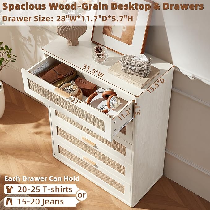 LEYAOYAO Rattan Dresser for Bedroom 41" Tall Chest of Drawers, Modern 5 Drawers Boho Dressers with Storage, Light Oak Dresser Wooden Closet Organizer for Living Room, Hallway, Grey White