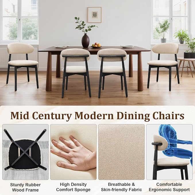 Farmhouse Dining Chairs Set of 4, Mid Century Modern Fabric Upholstered Kitchen Chairs, Wooden Dining Room Chair with Curved Back&Black Legs for Kitchen Dining Room Restaurant Cafe, Beige, Only Chairs